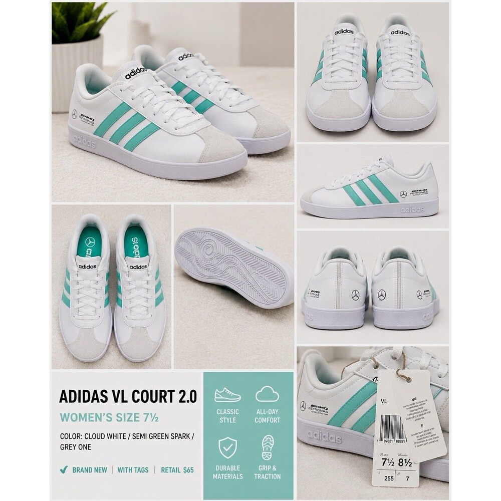 adidas VL Court 2.0 Leather Lace-Up Cushioned Low Top Sneaker White